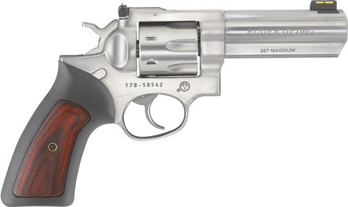 RUGER GP100 357MAG 4.20" ADJ. - SS RUBBER W/HARDWOOD 7-SHOT