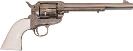 CIMARRON FRONTIER 45LC PW FS - 7.5" ENGRAVED NICKEL/IVORY