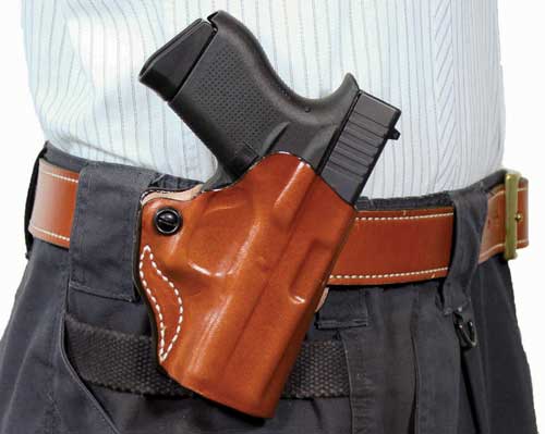 DESANTIS MINI SCABBARD HOLSTER - RH OWB LEATHER 1911 5" TAN