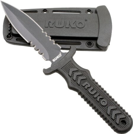 RUKO FIXED BLADE BOOT KNIFE 4" - SPEAR SERRATED CLAMSHELL