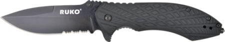 RUKO FOLDER SERRATED 3.25" - BLACK HANDLE CLAMSHELL